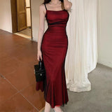 Contrasting color suspender dress new slim fit long dress for women