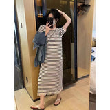 Black Knit Striped Dress Short Sleeve Women Dress maxi dress summer women staight dress