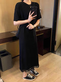 Black Knit Striped Dress Short Sleeve Women Dress maxi dress summer women staight dress