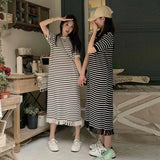 Black Knit Striped Dress Short Sleeve Women Dress maxi dress summer women staight dress