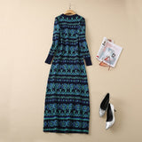 S-XXL Women Knitted Maxi Dress Vintage Bohemian Pattern Embroidery V-neck Autumn Casual Dresses