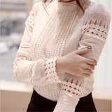 Women Blouses Slim Bottoming Long-sleeved White Shirt Lace Hook Flower Hollow Plus Size S-5XL