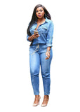 Adogirl Vintage Plus Size Jeans Jumpsuit Turn Down Collar Long Sleeve Bandage Denim Rompers Women Bodysuits Combinaison S-3XL