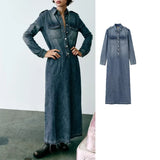 Denim Shirt Dress Woman AutumnLong Dresses for Women 2023Casual Maxi Dress Women Long Sleeve Split Female Dress