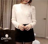 Women Blouses Slim Bottoming Long-sleeved White Shirt Lace Hook Flower Hollow Plus Size S-5XL