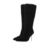 Fashion Women Imitation Wool Knee High Boots for Women's Pointed Toe Crystal Transparency Heels Shoes Sexy Lady Wedding Boots