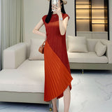 Irregular pleated dress for women, elegant and spliced pleated sleeveless dress