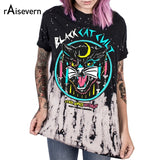 Raisevern Stay Away Human Black Cat Cult T Shirts Women 2019 Summer Harajuku Style Short Sleeve S-XXXL