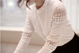 Women Blouses Slim Bottoming Long-sleeved White Shirt Lace Hook Flower Hollow Plus Size S-5XL