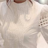 Women Blouses Slim Bottoming Long-sleeved White Shirt Lace Hook Flower Hollow Plus Size S-5XL